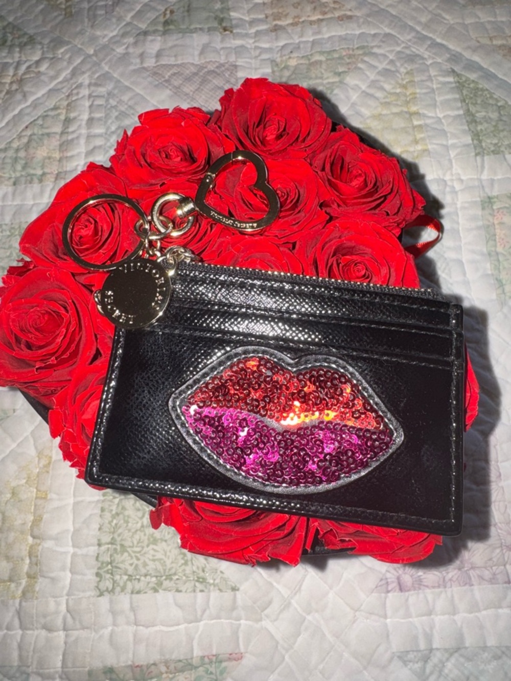 VS Lip Sequin Card Holder Keychain Wallet Black Patent ID Coin Purse Charm